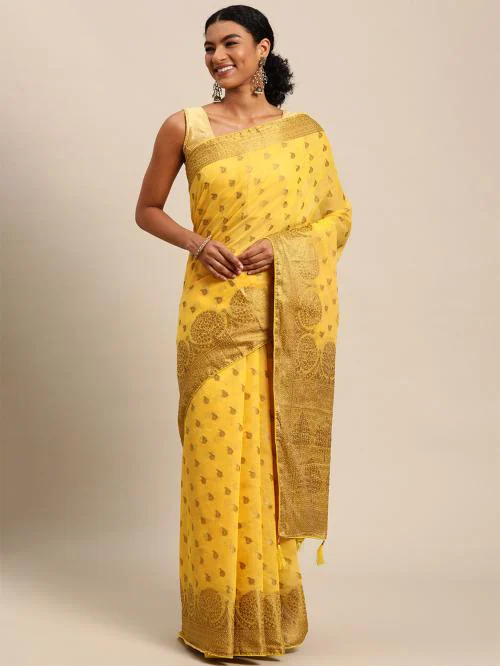 Leeza Store Women's Banarasi Cotton Silk Zari Butta/Butti Tree Pattern Golden Zari Border Saree With Blouse Piece