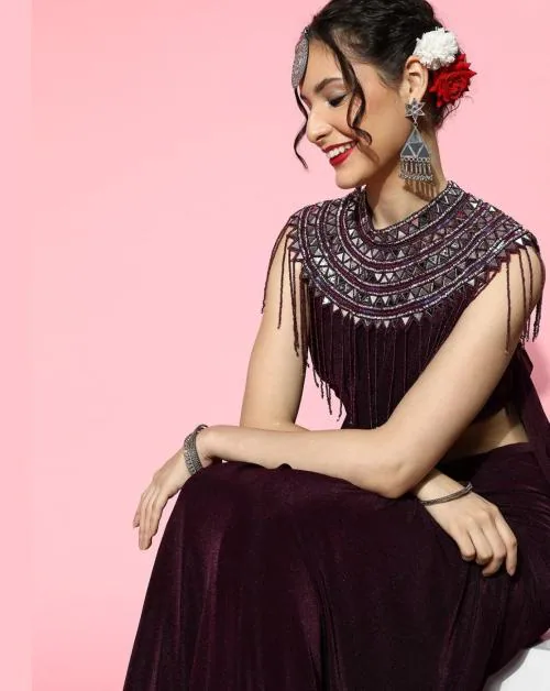 Chhabra 555 Pre-Draped Burgundy Lycra Saree with Mirror Embellished Tassled Necklace Style Cape