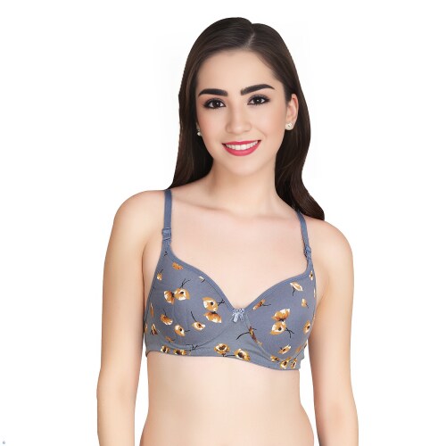 Amar Fashion Women's Cotton Blend Printed Padded Bra - Soft, Wire-Free, Seamless Design with Adjustable Straps for All-Day Comfort (Colour - Grey) (Size - 38B)
