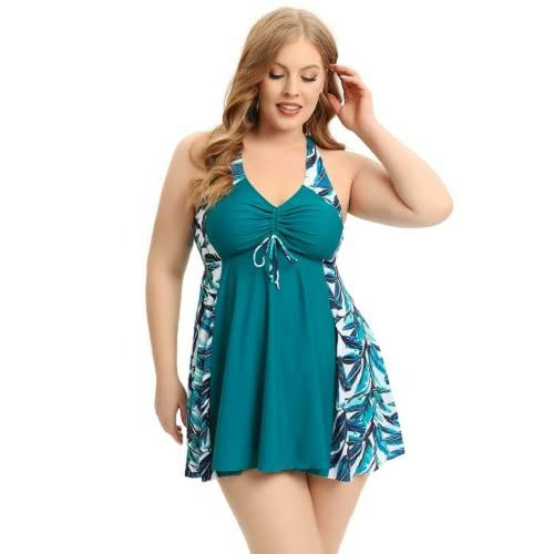 Plus Curvves Plus Size Peacock Blue Tropical Print Knot Front Ruffle Hem Bikini Swimsuit - 2XL