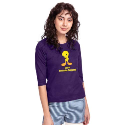 Bewakoof Women's CEO Of Sarcastic Company Printed Purple Round Neck Three-Fourth Sleeve T-shirt