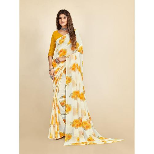 Grubstaker Yellow And White Colour Floral Printed Saree