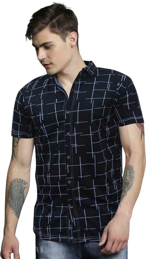INDOPRIMO Dark Blue Men Checkered Polycotton Casual Shirts