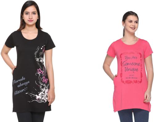 In Love Women Black, Pink Printed Cotton Blend Pack Of 4 T-Shirt