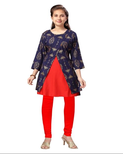 Aarika Girls Navy Blue-Red Party Wear Kurti Legging Set