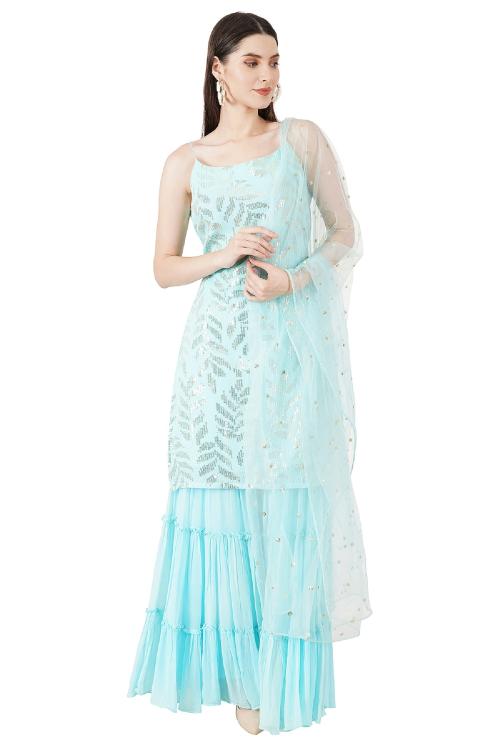 Chic on Fire Blue Party Wear Sharara - Triple layer XL