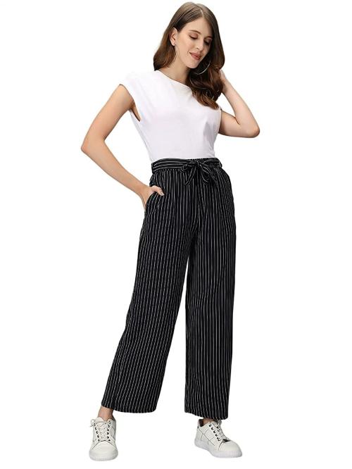 Trislin Women Black Rayon Striped Palazzos (L)