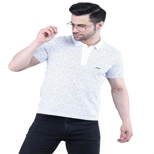 All Over Printed White Polo T-shirt, Premium Cotton Fabric, Elegant Branding on Chest, Ideal for Casual and Daily Wear, Slim Fit, Mild Machine wash Cold
