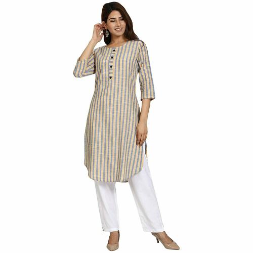 Buy AROOPA Women Mustard and Blue Striped Cotton Kurti Online at Best ...