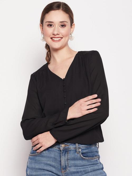 Madame Women Black Solid Crepe Casual Top