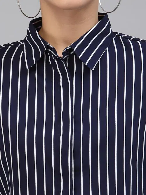 Style Quotient Women Navy Blue Smart Striped Formal Shirt