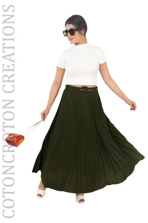 Cotoncroton Creations Stylish Women's Mehndi Green Crepe Pleated Skirts