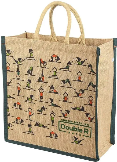 DOUBLE R BAGS Eco Reusable Yoga Print Jute Bags for Carry Milk Grocery Fruits Vegetable Shopping with Hard Grip Handle for Men and Women Grocery Bag (Multicolor)