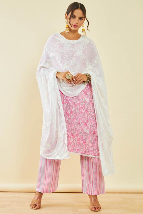 Soch Womens Onion Pink Cotton Floral Print Dress Material With Sequins