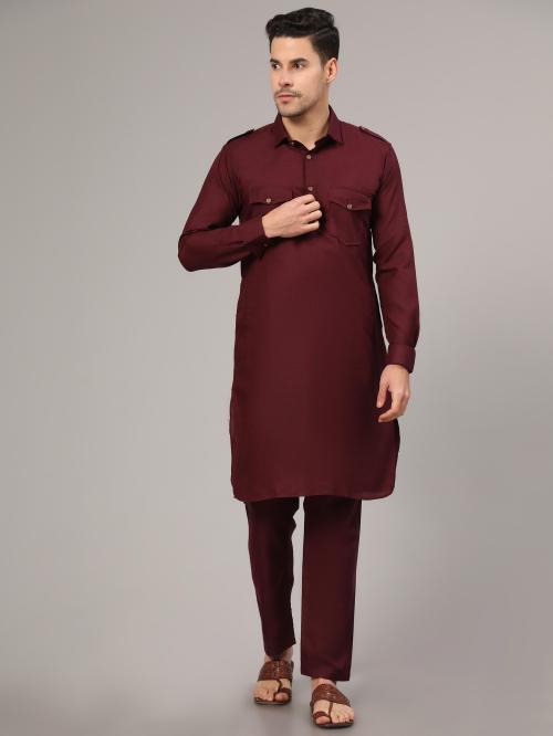 IrisTheStudio Men Maroon Cotton Blend Solid Pathani And Pant Set (Xxl)