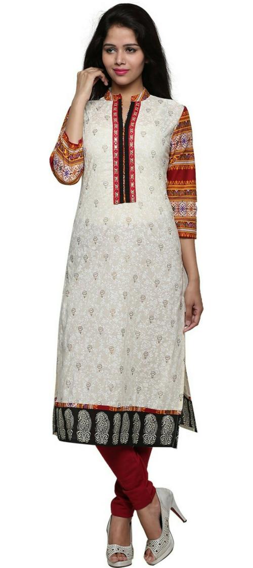 Inara Robes Women White and Maroon Printed Cotton Blend Straight Kurta - XL