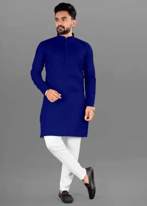 ETHNIC TROVE Men Cotton Kurta Mens Model Silk Ethnic Wear Kurta Knee Length Self Design Kurta, Wedding Kurta , Haldi Kurta, Party Wear Kurta, Engagement Kurta, Regular Fit Kurta-ROYAL BLUE-L