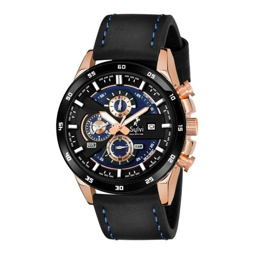 Sylvi Casual Fashion Multi-Function Working Chronograph Rosegold case Black Men's Watch (Black)