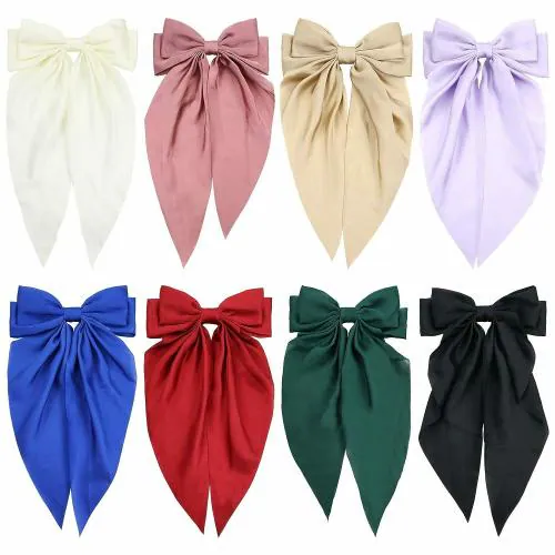 Diversa Satin Hair Bow Ties For Girls Women Silk-Stylish French Bow Hair Clip Bowknot Hair Barrettes Big Ribbon Bow with Tail (Multicolours, Pack of 6 Pieces)