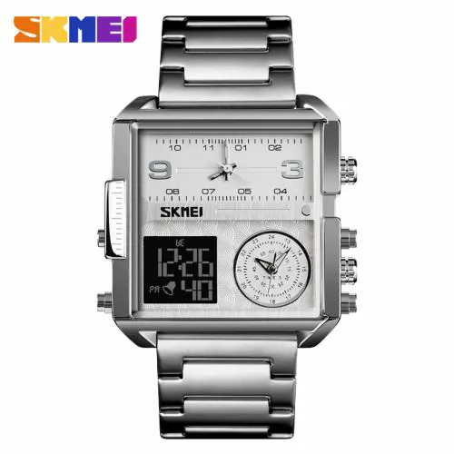 SKMEI Men's Square Watch, LED Backlight Large Screen Multi-Time Zone Men's Watch, Waterproof Analog Men's Digital Sports Watch- 1584