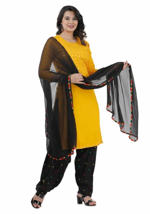 Women's Mirror Work Patiala Suit Dress Kurta With Dupatta