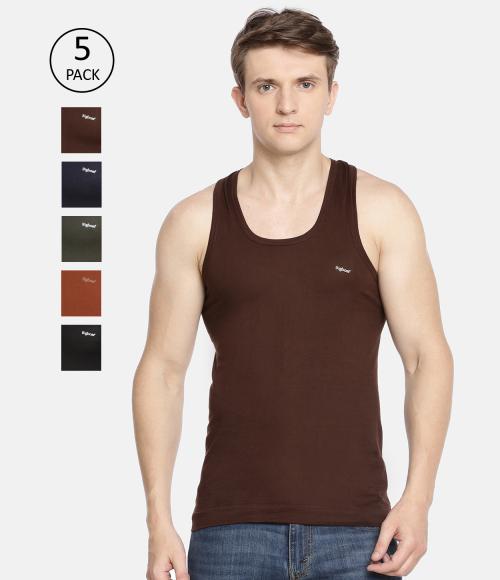 Dollar Bigboss Men's Assorted Pack of 5 Solid Fine RN Vest