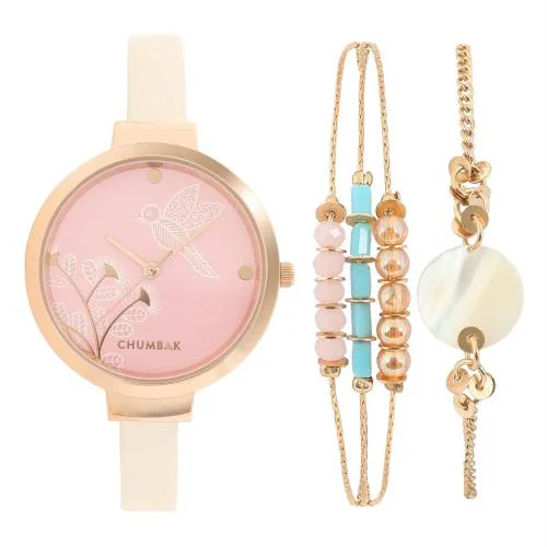 Chumbak Analog Pink Dial Pink Strap Watch And Bracelet Set For Women (Combo Of 4)
