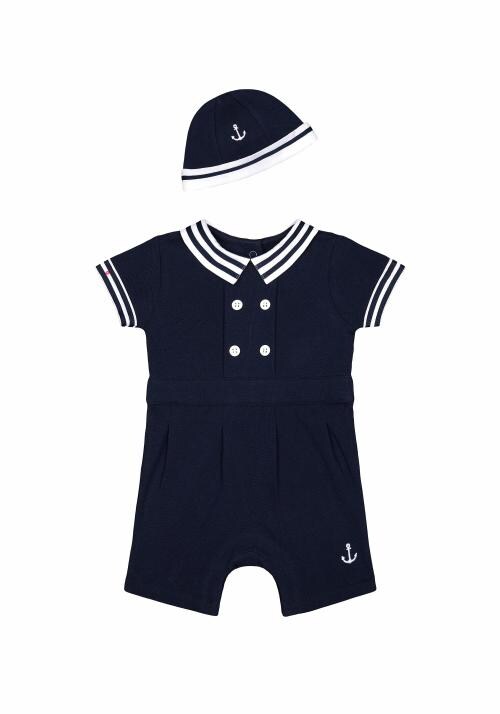 Boys Half Sleeves Romper And Hat Set Anchor Embroidery - Navy