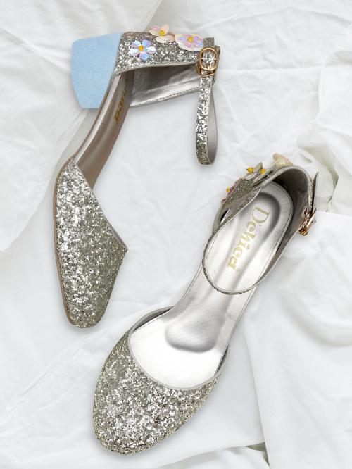 Dchica Aqua Silver Glitter Embellished Fashionable Block Heel Sandals For Kids