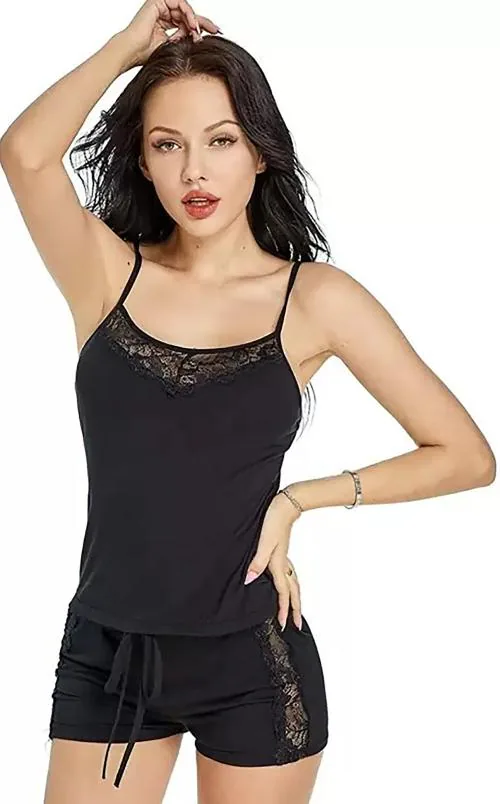 In-Curve Women Net Lace Self-Design Baby Doll Nighties Black