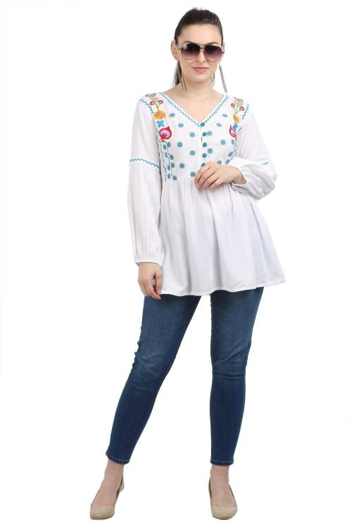Kartx Exports Timeless White Rayon Dress with Stunning Embroidery for