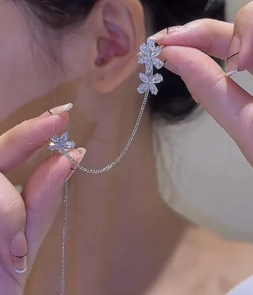 Vembley Korean Silver-plated Floral Studded Ear Cuff With Threader Earrings