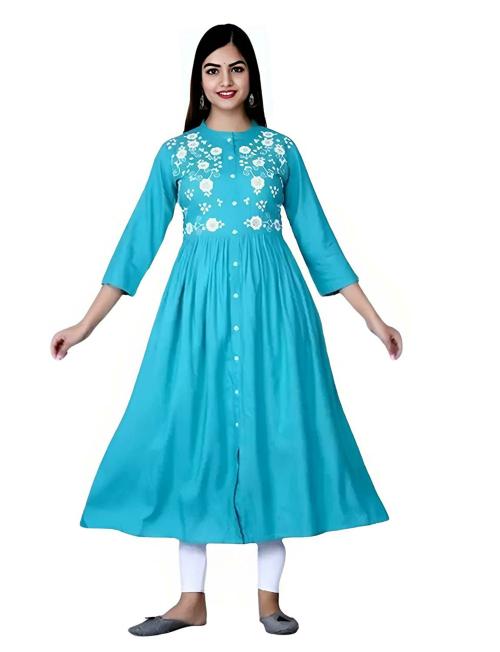 GRANTHAM Women Blue Embroidery Rayon Kurti (S)
