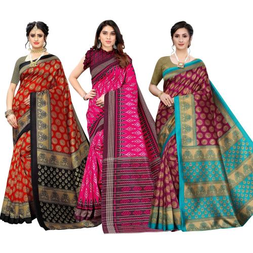 POSHYAA FASHION Women Art Slik Multicolour Printed Saree With Unstiched Blouse Piece