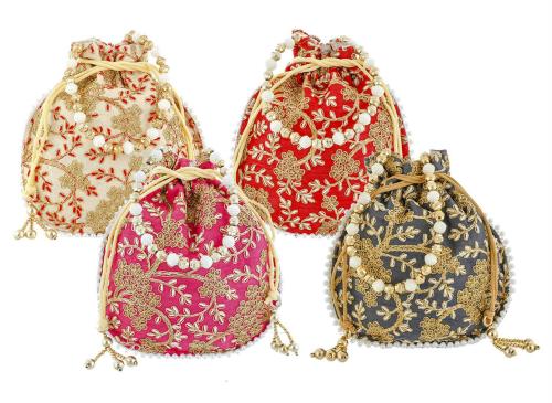 Kuber Industries Multicolour Potli Batwa Pouch Bag With Beadwork (Set Of 4)