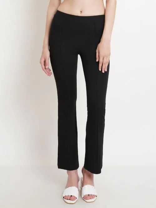 Popwings Regular Fit Black Solid Midrise Trouser ! Black Stretchable Self Design Pintex Wide Leg Trouser for Women