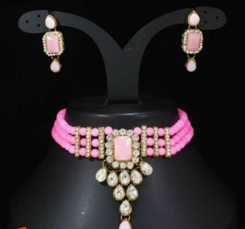 Darsha Collections Brass Plated Alloy Pink Earring And Necklace Set (Girls And Women)l Artificial jewellary l Womens necklace l Traditional jewellary l Womens Jewellary