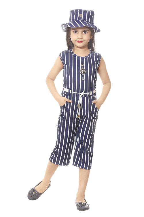 GUDWONE Kids Girls Stylish Striped Jumpsuit Blue Dress Partywear With Matching Cap