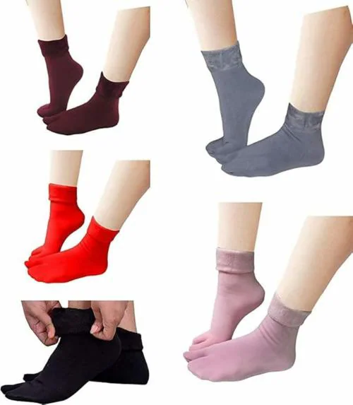 SOSHRE Velvet Mid Calf Fleece Socks for women with Thumb || Winter Fleece Socks || Soft Fur Velvet Snow || Thermal Socks || Thick And Warm || Stretchy Elastic Socks for Girls - Multicolor (Pair of 4)