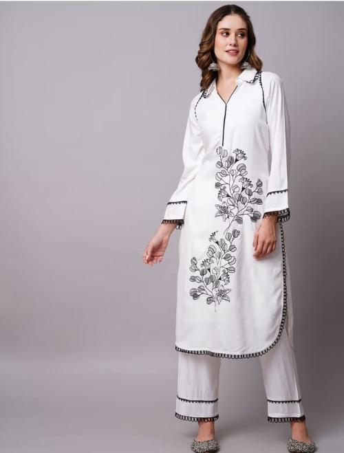 VIBRANCE Women's Printed Cotton Slub Co-ord Set with Digital Print with Lace Work - (White M)