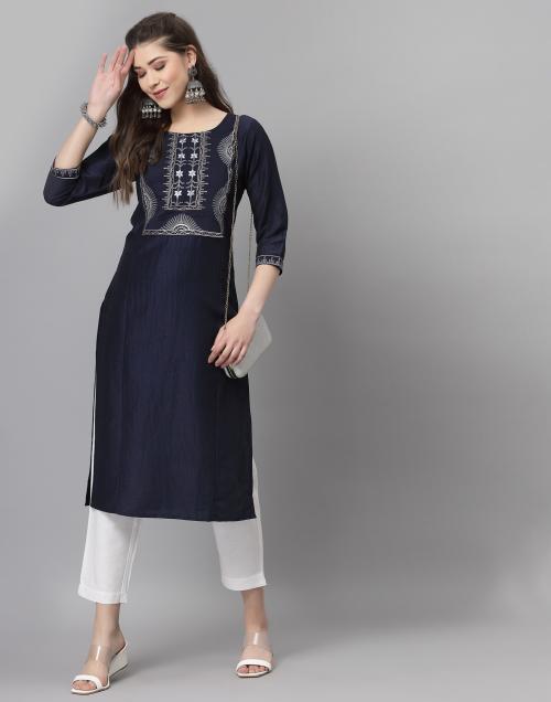 Skylee Women'S Nevy Blue Embroidery Straight Kurta
