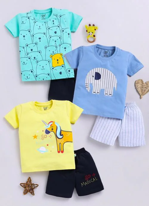 Toonyport Boys Pack Of 3 Cotton Printed Round Neck Half Sleeves Shirts with Shorts Sets