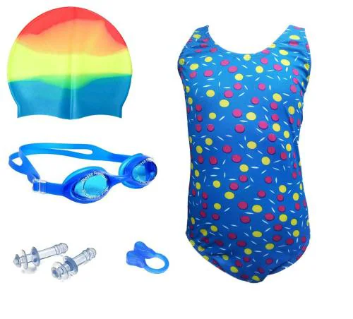 BLOOMUN Girls Multiocolor Printed Lycra Blend Swimsuit with Cap and Googles (7-8 Y)