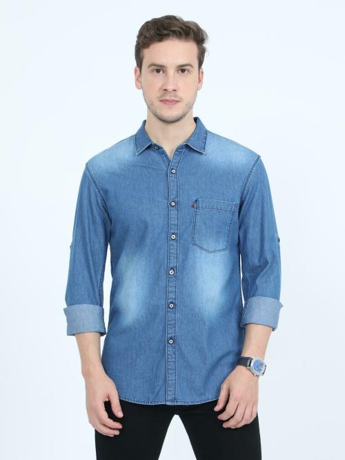 TORTUGA Men Light Blue Washed Denim Casual Shirts (XXL)