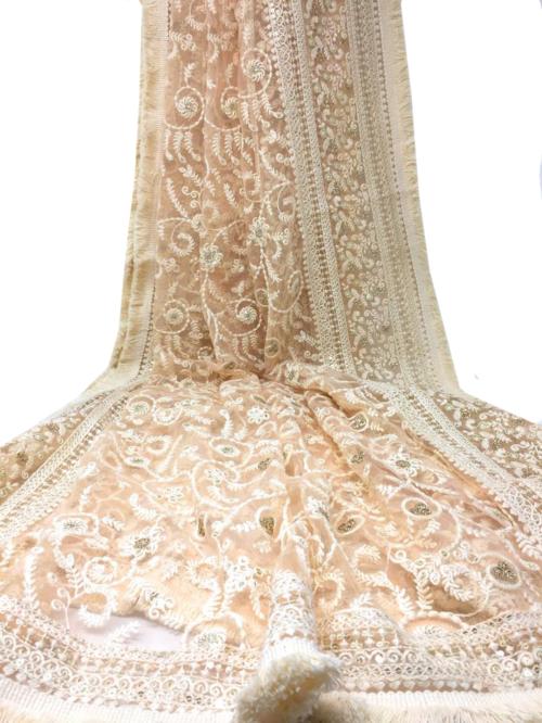 Inhika Indian Heavy Party Wear, Chikankari Peach Embroidered Sequence Net Dupatta, 2.25 mtr long