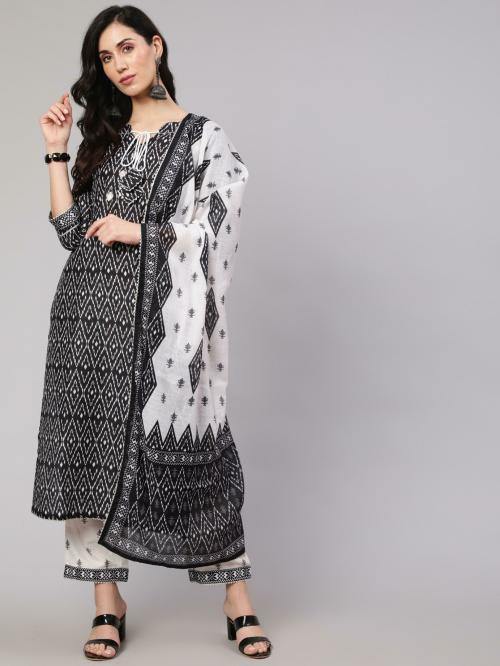 Black & White Printed Kurta & Palazzo With Dupatta