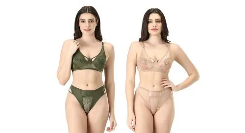 Bra & Panty Set Self Design Beige, Dark Green Lingerie Set
