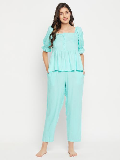 Clovia Chic Basic Peplum Top & Pyjama set in Sky Blue - Rayon