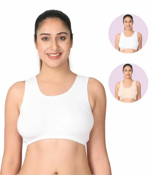 Adira | Best Lounge Bra For Women | Slip On Bras To Wear At Home | Comfortable Bra | Work From Home Bra Without Hooks | Non Padded & Non Wired Support | Plus Size | Pack Of 2 | White & Skin | 6XL