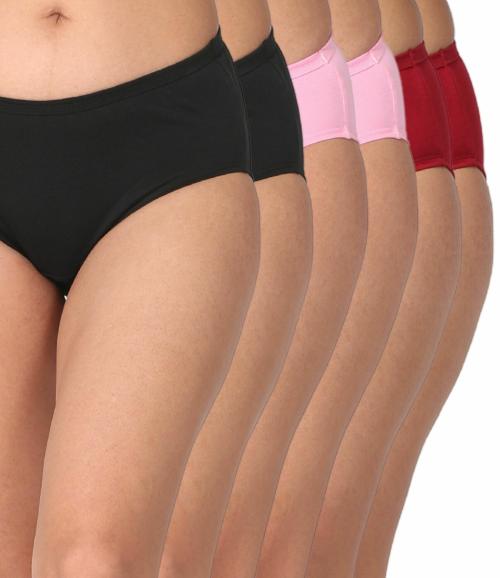 Adira | Hipster Panties For Women High Waist | High Waist panty with Full Coverage | Inside Elastic - No Elastic Exposure to Skin | Soft Cotton | Pack Of 6 | Black, Light Pink & Maroon | M